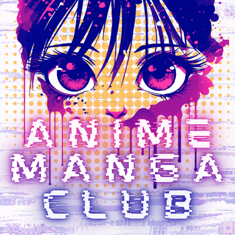 A purple and pink washed out and minimized face of an anime girl, consisting of only hair, eyes, and the hint of a nose occupy the top half of the image. The bottom half contains the words "Manga Anime Club" listed atop one another and distorted slightly. All of this atop a backdrop of a circular orange gradient made of pixels.