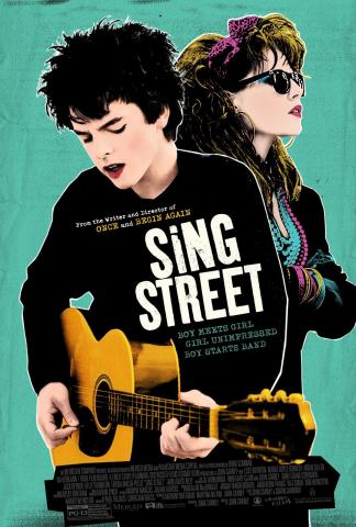 A teenage boy sings and plays acoustic guitar and a teenage girl dressed stylishly looks off posing behind him. The title of the film "Sing Street" is placed over top of the boy's shirt.