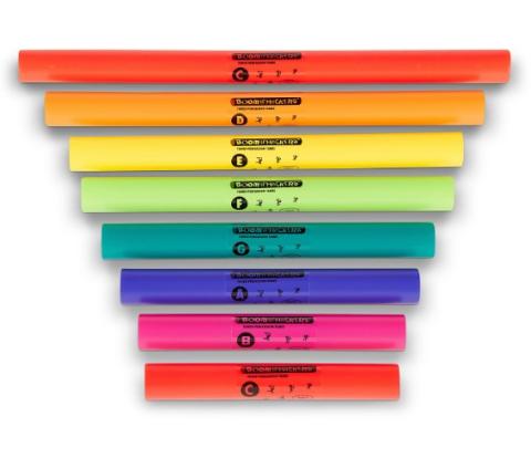 A set of boomwhackers, rainbow tubes that each play a different note.