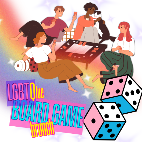 A group of people are seated around a board game playing. Pink, Blue, and White dice appear to have been rolled across the image, trailing a rainbow. In the bottom left corner are the words "LGBTQlue Board Game Brunch"