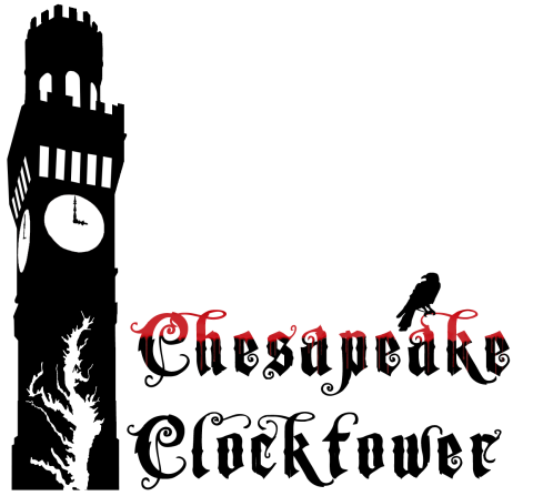 Chesapeake Clock Tower Logo - Black Clocktower with black red text reading Chesapeake Clocktower