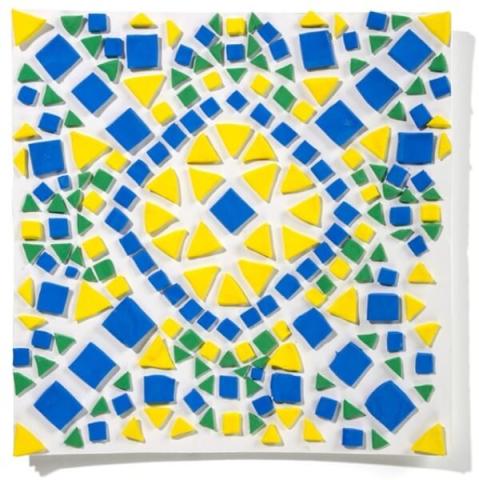 Mosaic craft using yellow and blue pieces of paper