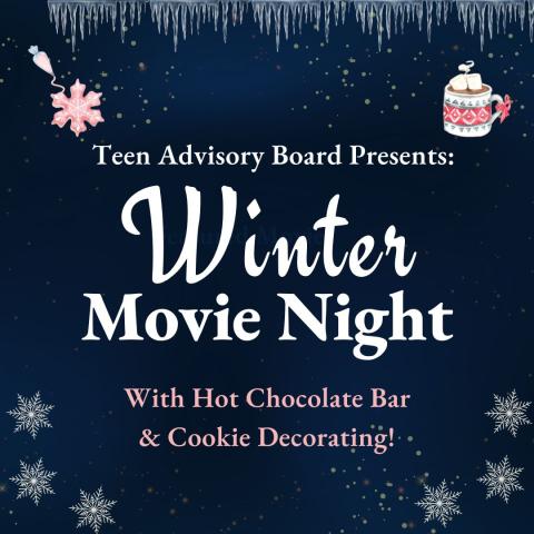 Event title with snowflakes, a cup of hot chocolate and a cookie.