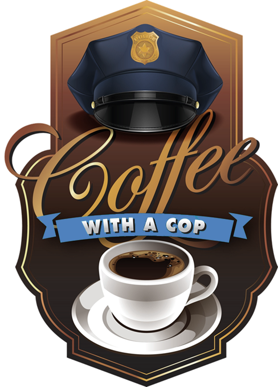 Police officer's hat over a cup of coffee with the words "Coffe With a Cop"