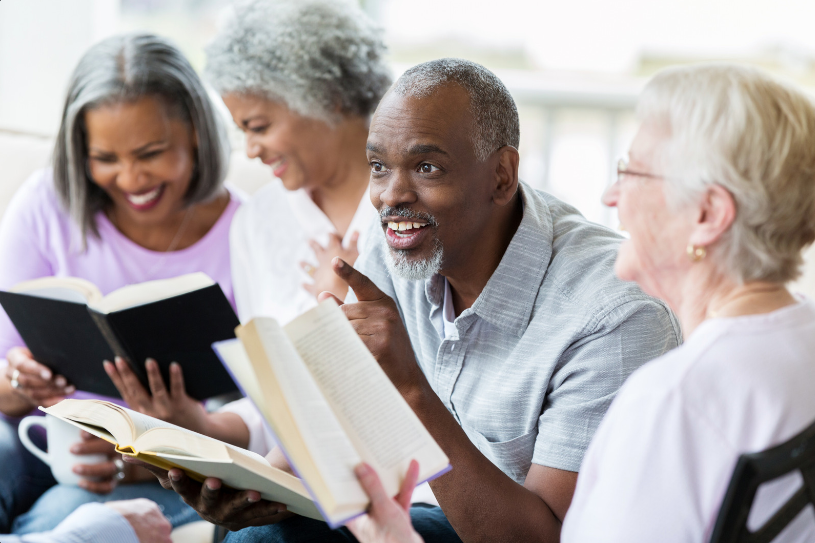 Book club members discussing book