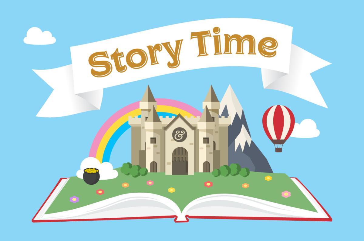 Animated picture of an open book with fairy tales coming out of the book. "Story time" is written at the top.