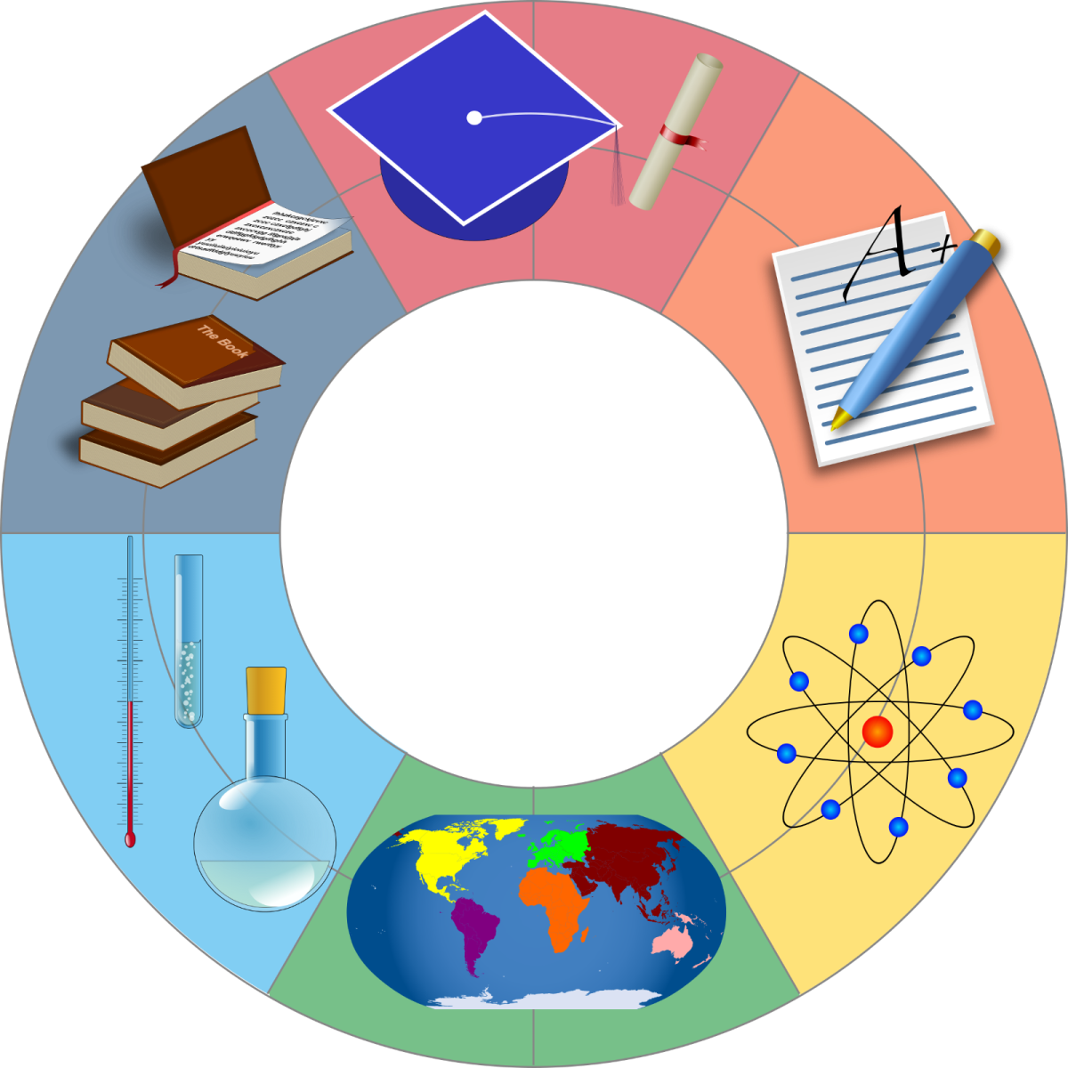 graphic: colorful circle with education related items such as graduation cap, notepad, and more.