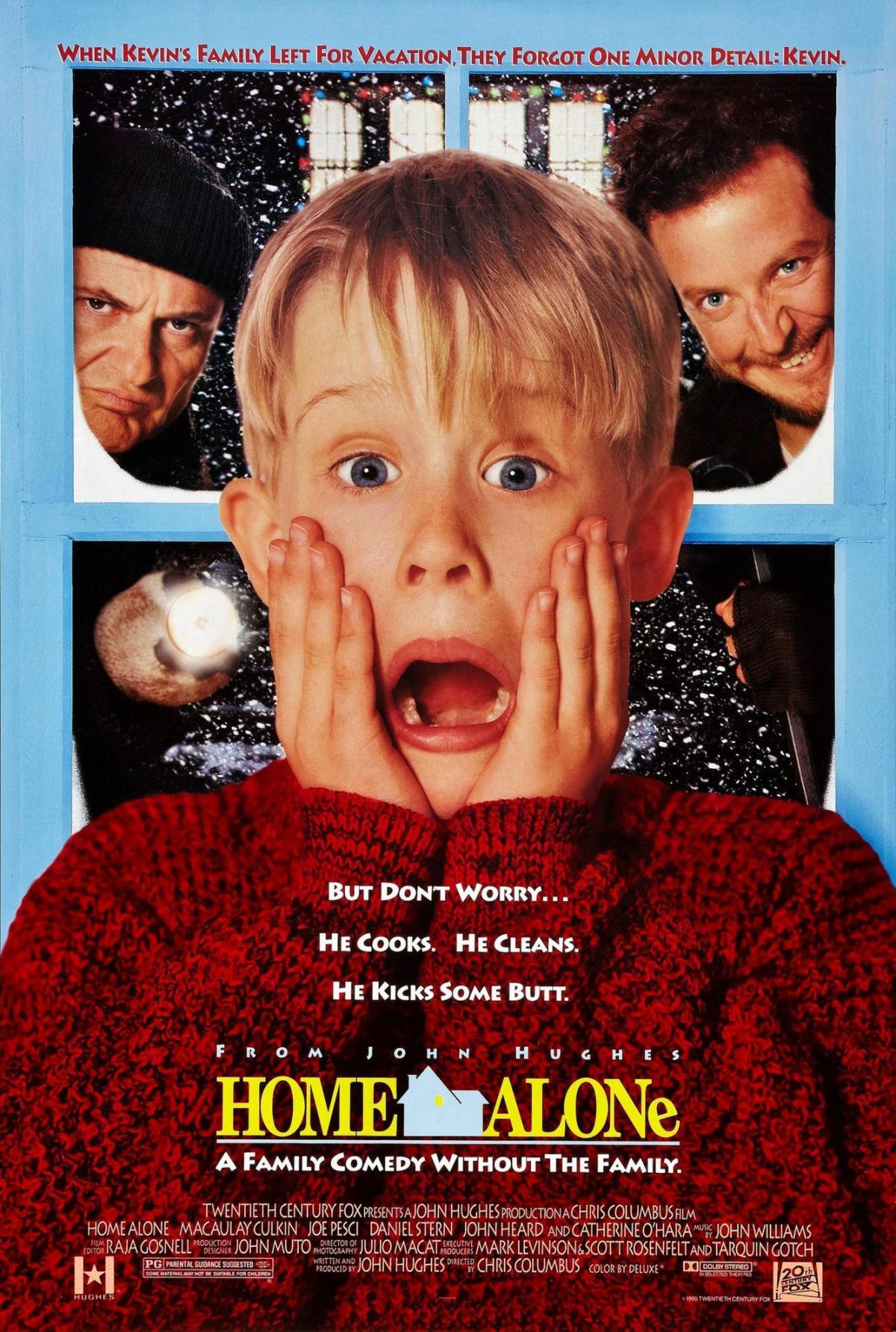 Poster for Home Alone. Kevin the protagonist wearing a red sweater screams while he holds his face with both hands and his eyes are open looking directly towards the viewer. Behind him is a window frame where two burglars are looking inside the house. It is snowing and one burglar is scowling and the other is grinning.