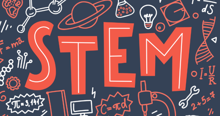the acronym STEM in orange letters surrounded by doodles