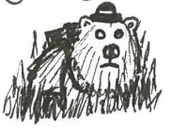 Line drawing of bear in a bowler hat.