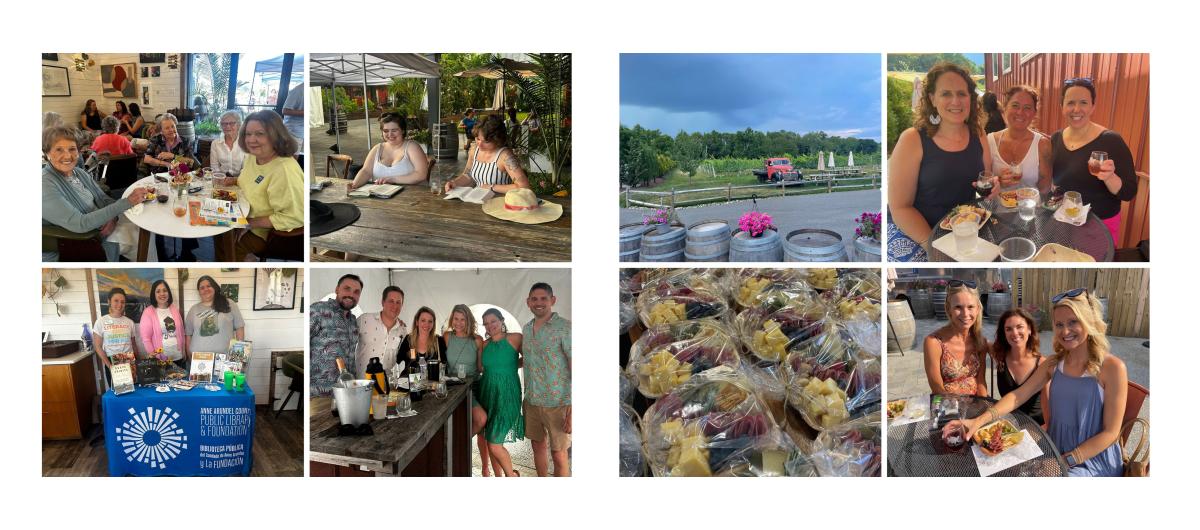 2 groups of 4 photos showing various Read Between the Wines events