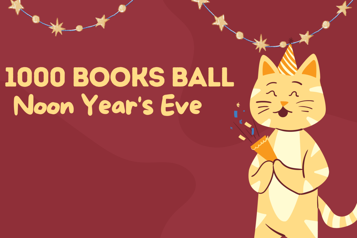 Yellow Cat wearing a party hat and popping a party popper. Star party swag lines the top. Text reads 1000 Books Ball Noon Year's Eve