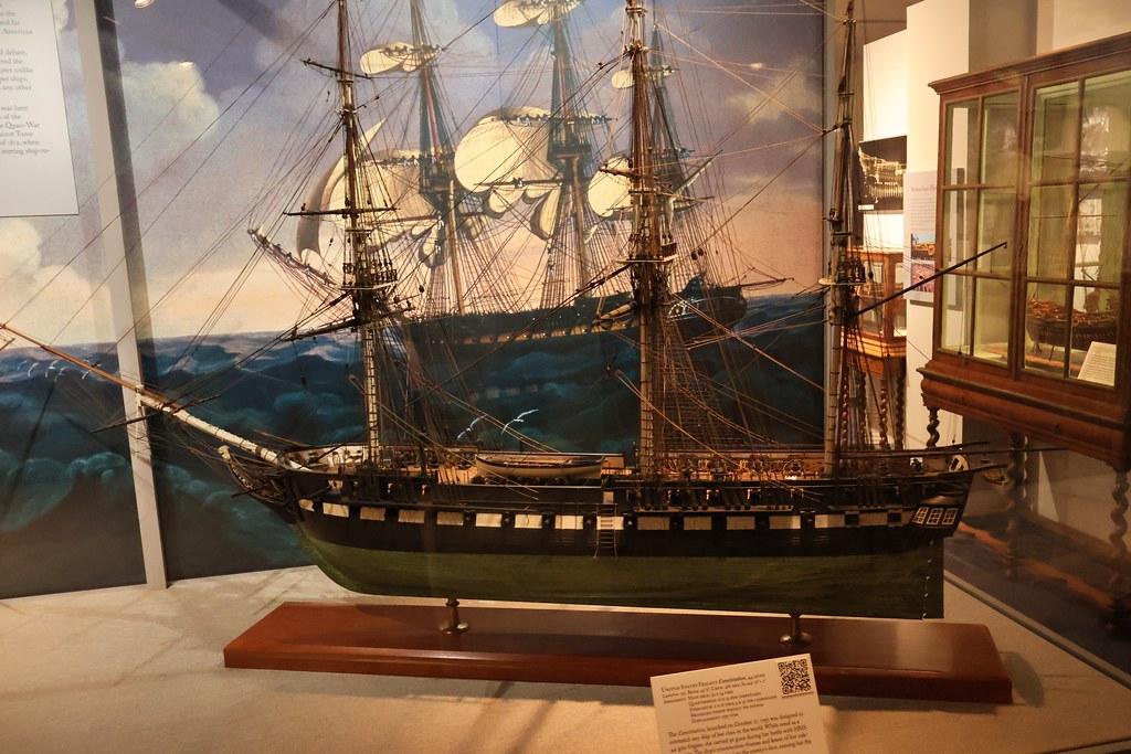 wooden model ship with three masts  in a museum