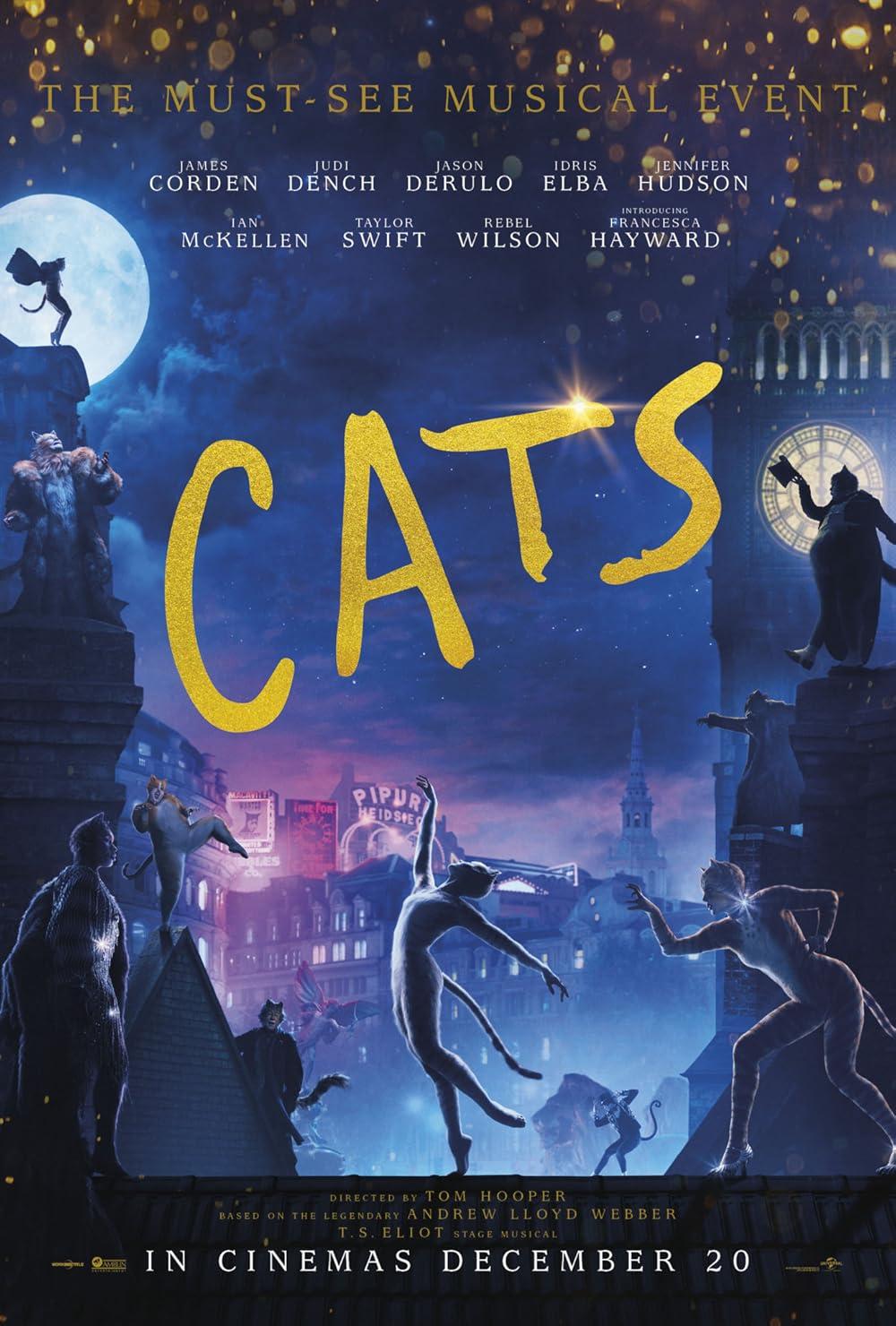 Silhouettes of cat people along a city scape at night. The title "CATS" is centered.