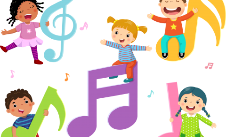 Animated image of children singing and dancing with large musical notes.