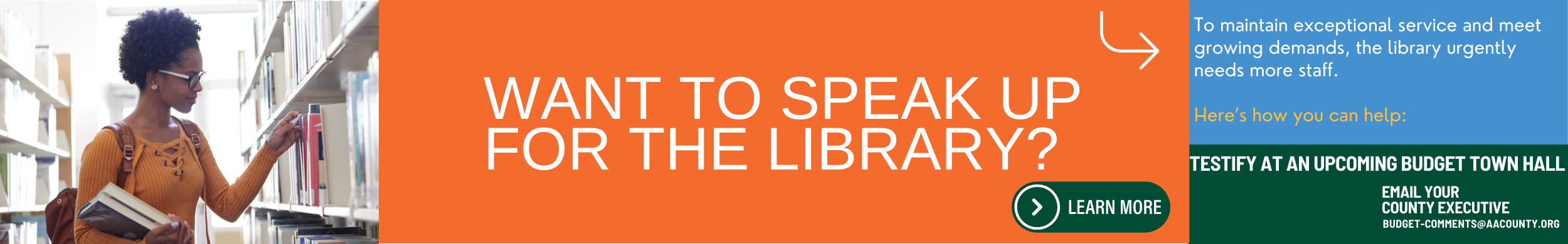 Testify at an upcoming budget town hall for library staff.